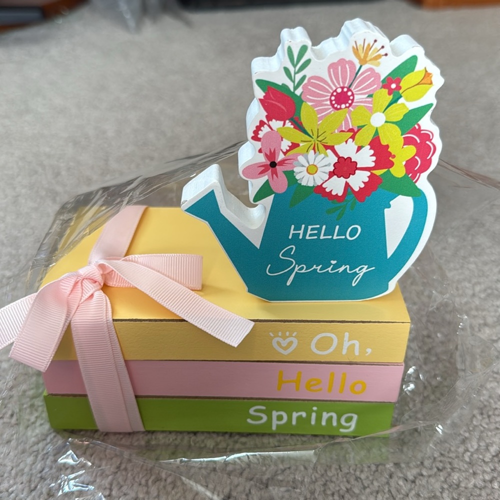 *Brand New* Pinkunn- Oh Hello Spring Wood Book Stack & Sprinkling Can Decor